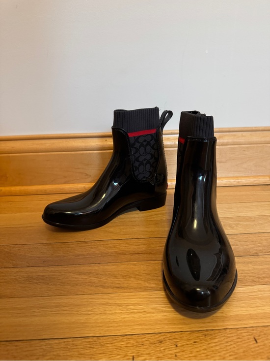 Coach Shoes - Coach Black Patent Rain Chelsea Boots with Red Accent